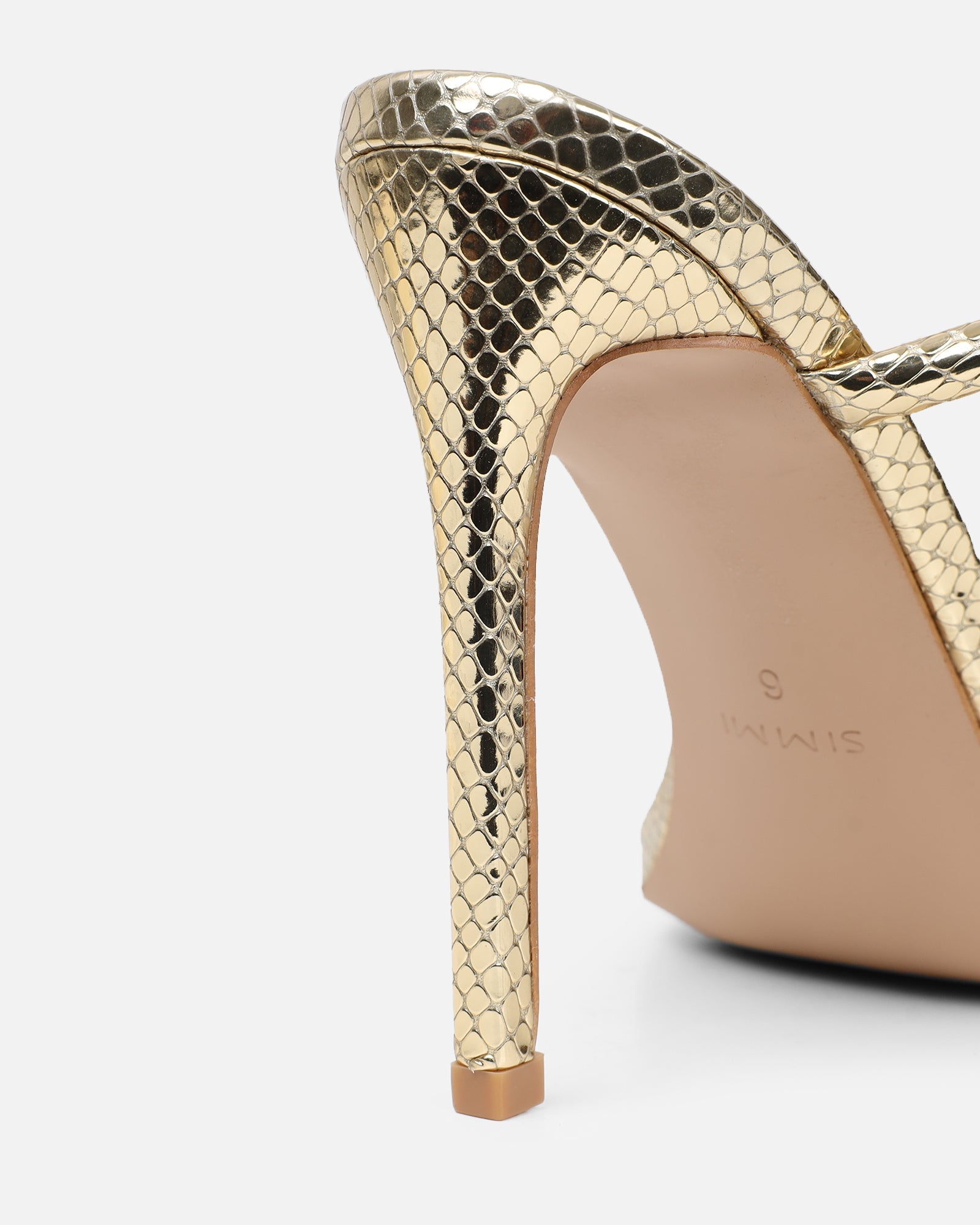 Zuleta Gold Snake Effect Stiletto Heeled Mules
