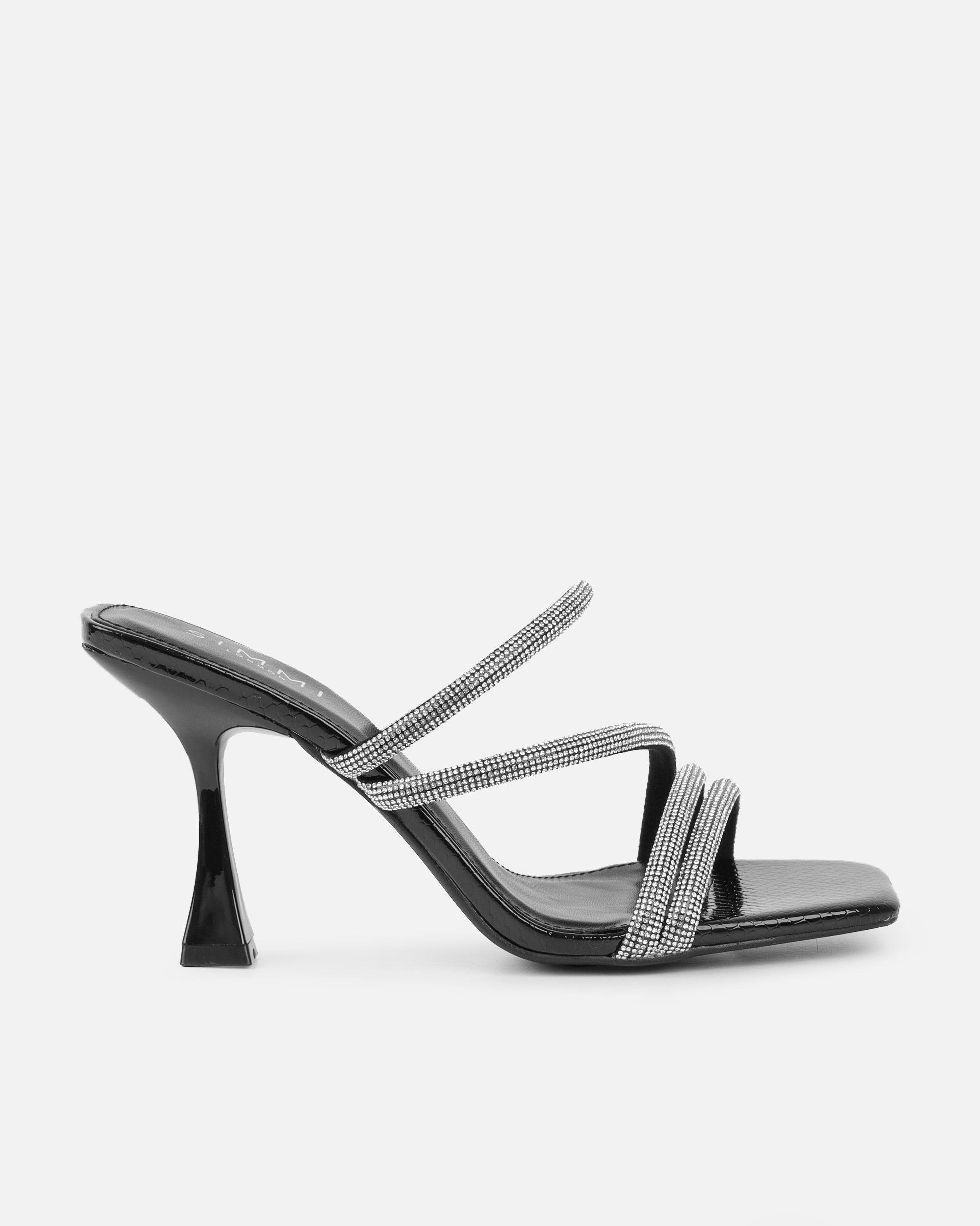 Zita Black Snake Diamante Mid Heeled Mules